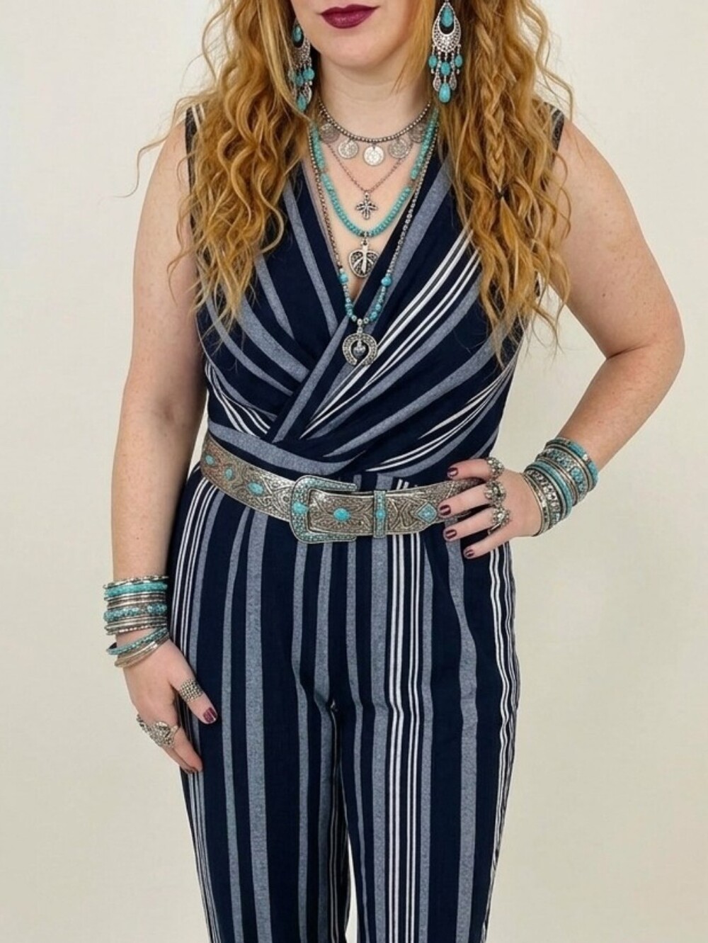 NWOT Size Small Elegant Navy & White Striped Romper Wide Leg Jumpsuit Nautical - Picture 15 of 16